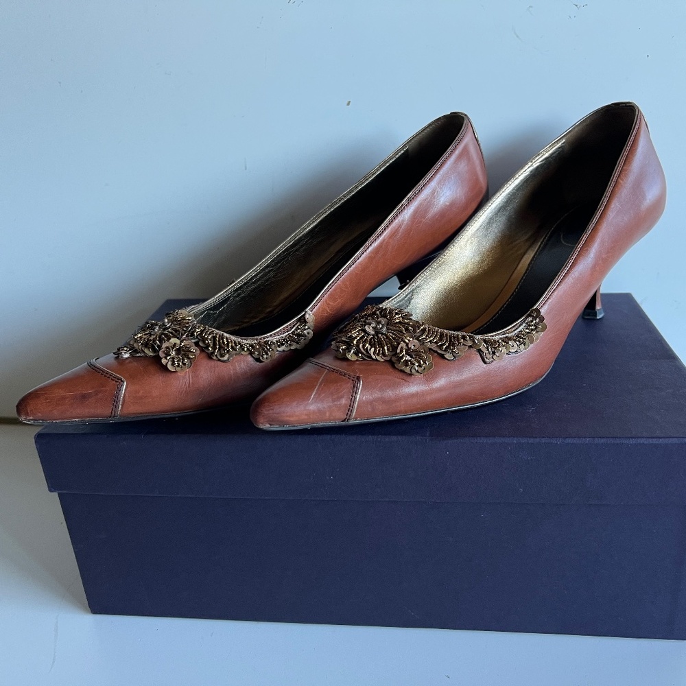 Prada Shoes Kitten Heels Sequins Sz 37 1/2 Brown Leather Point Toe Dress US 7.5